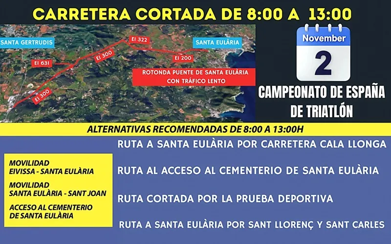 Campeonato de España de Triatlón y Aquabike de Media Distancia, Ibiza 2025 (Santa Eulalia del Río): CORTES de TRÁFICO