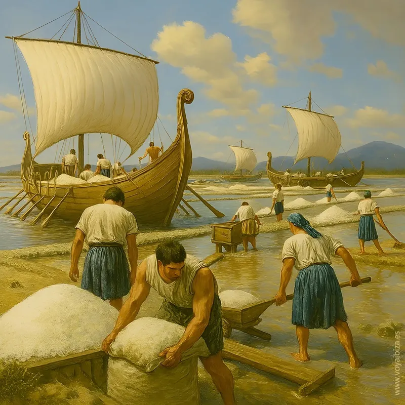 Barcos cargando la sal en las Salinas de Ibiza