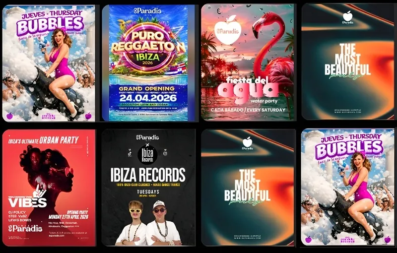Carteles Fiestas Abril 2026 en Es Paradis Ibiza