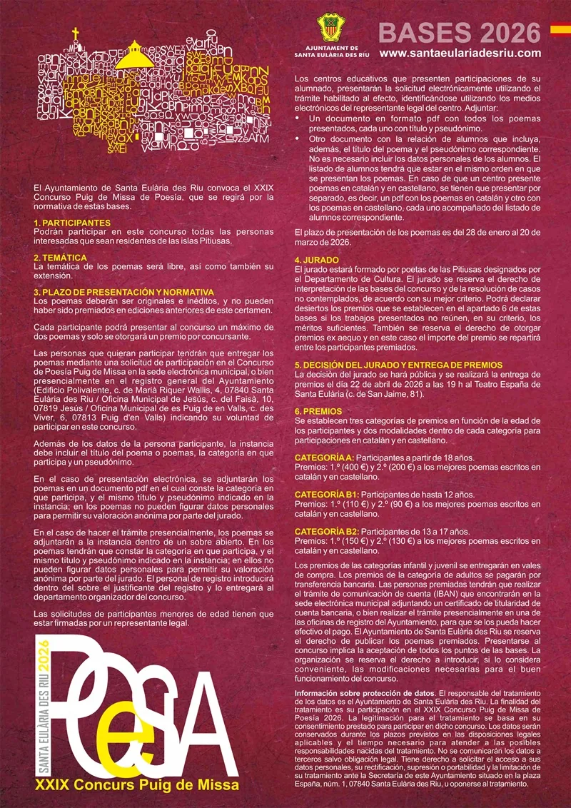 XXIX Concurs de Poesia Puig de Missa 2026, Santa Eulària des Roiu (Eivissa): Bases del Concurso