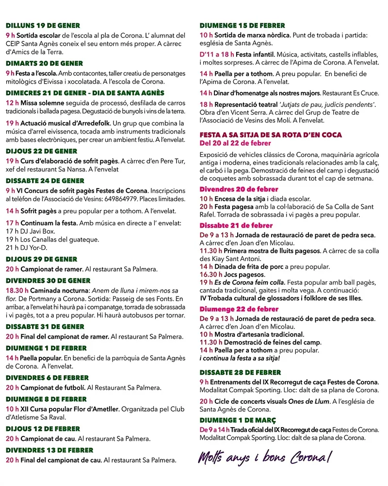 Festes Patronals de Santa Agnès de Corona 2026 (Sant Antoni de Portmany), Eivissa: PROGRAMA