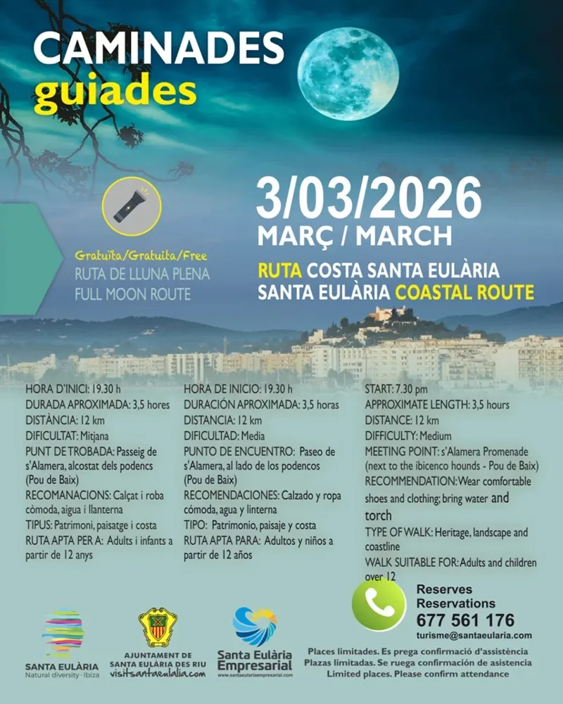Caminada guiada Ruta Costa Santa Eulària Març 2026, Eivissa: Ruta de Lluna Plena