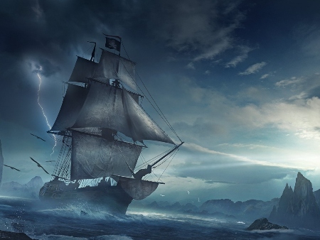 Barco pirata navegando frente a la costa