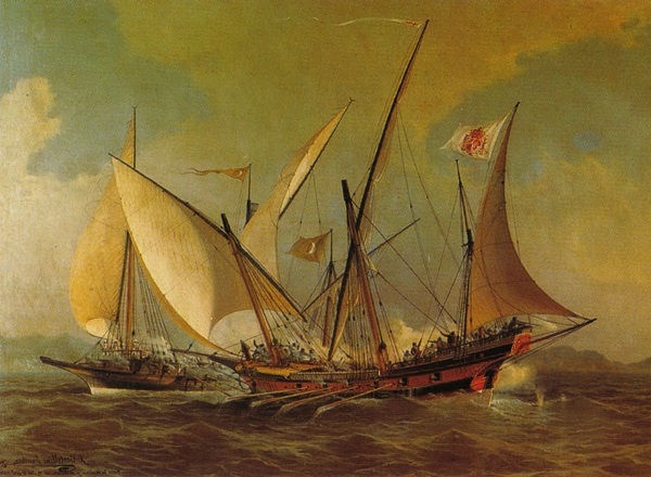 Jabeque: Detalle pintura de Ángel Cortellini y Sánchez, Museo Naval, Madrid