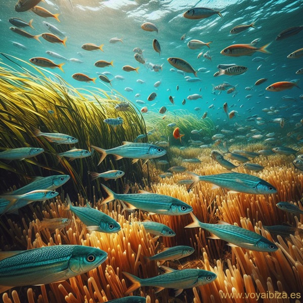 Grupos de peces en el lecho marino