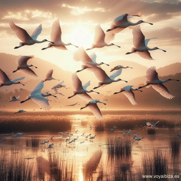 Espátula común o blanca (Platalea leucorodia). Aves de Ibiza (Eivissa)
