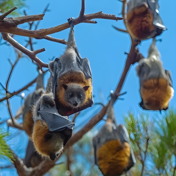 Murciélagos en Ibiza. Ratpenats a Eivissa. Ejemplares colgados de las ramas de un árbol