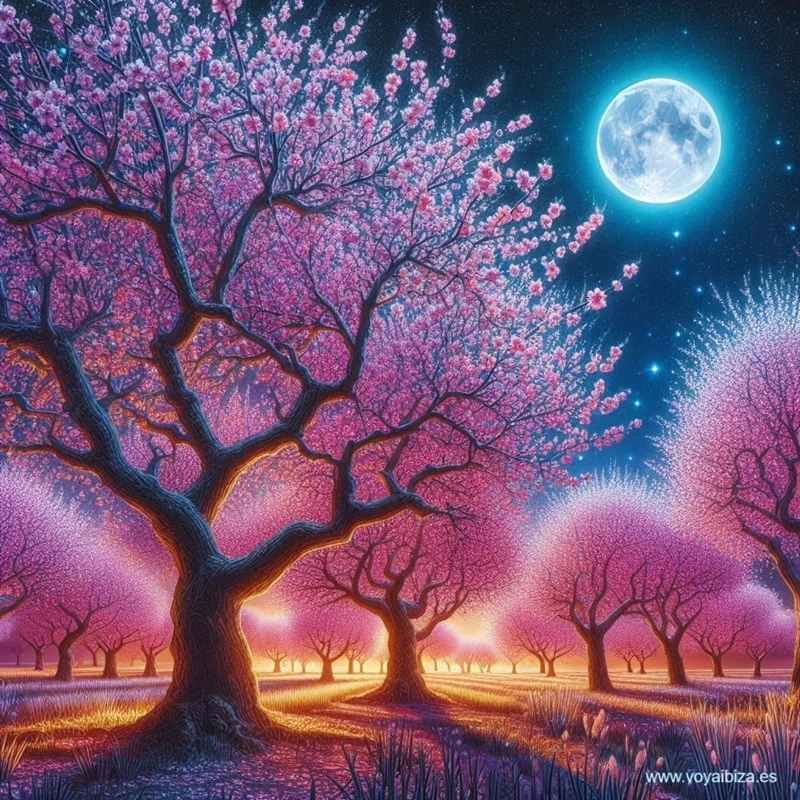 Almendros en flor en Ibiza (Eivissa) por la noche. Ametllers en flor a Eivissa de nit