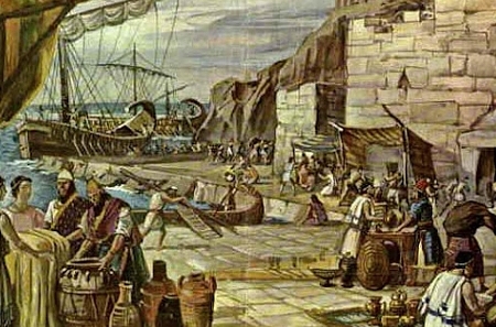 Trasiego de mercancías en un puerto fenicio