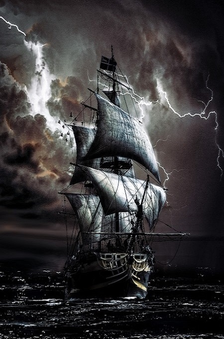 Imagen de un barco velero en medio de una tormenta