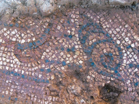 Hort des Palmer: Detalle del mosaico recuperado, con un cuerno y un fragmento de un pez