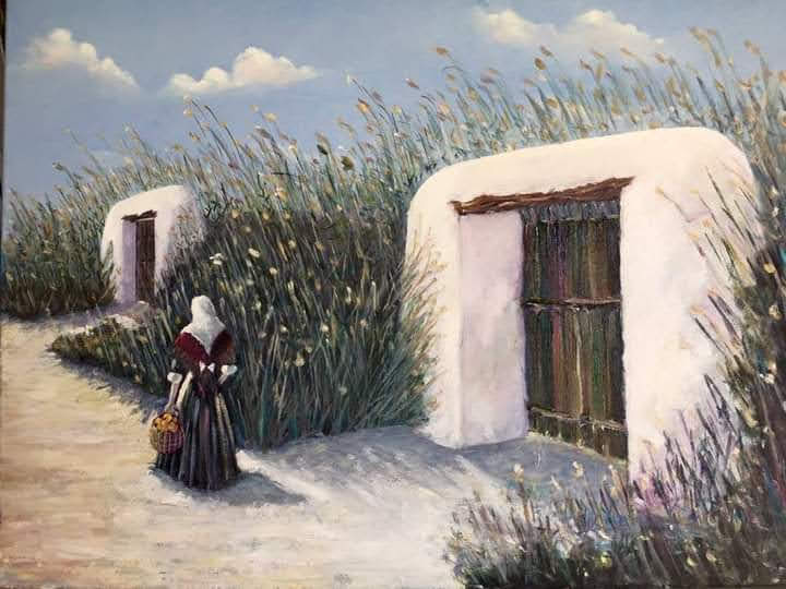 Portal con payesa en Ses Feixes (Foto: Pintura de Vicent Planells)